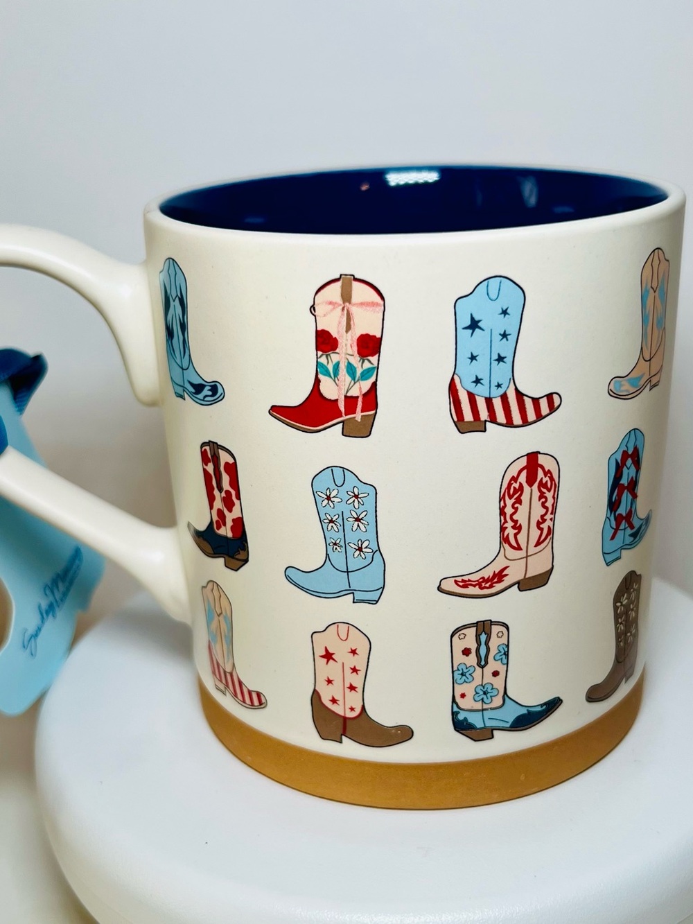 Patriotic Cowgirl Western Boots Ceramic Mug USA Flowers Stars Red White Blue